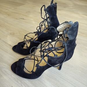 Black Vince Camuto Lace up Heels. Zipper back of Heel. Black True Suede